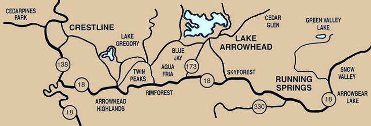 Map of Thrifty Plumbing and Heating service area: Crestline, Lake Gregory, Twin Peaks, Rimforest, Blue Jay, Agua Fria, Lake Arrowhead, Cedar Glen, Skyforest, Running Springs, Green Valley Lake and Arrowbear Lake along Highways 18, 138, 173 and 330