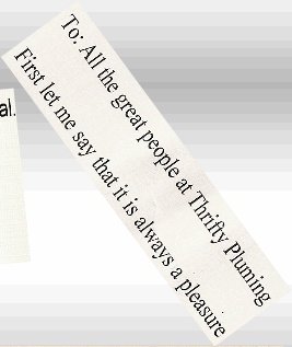Scanned customer letter excerpt: To: All the great people at Thrifty Plumbing. First let me say that it is always a pleasure…