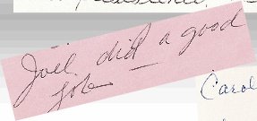 Scanned customer letter excerpt: Joel did a good job.