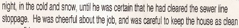 Scanned customer letter excerpt: …night, in the cold and snow, until he was certain that he had cleared the sewer line stoppage. He was cheerful about the job, and was careful to keep the house as clean…